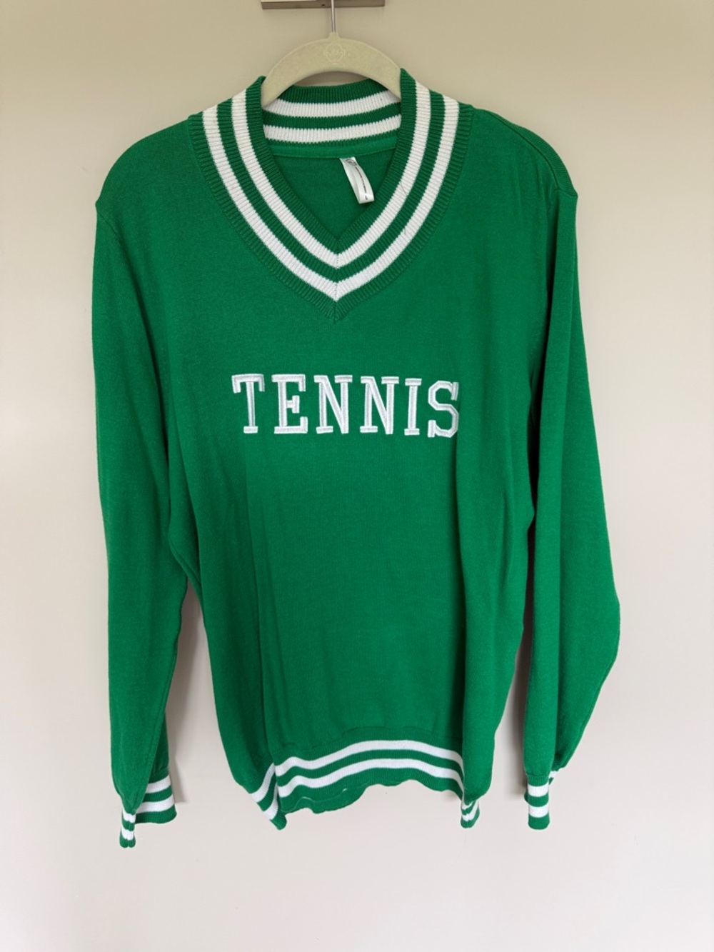 Green V-Neck 'TENNIS' Sweater with White Stripe Trim